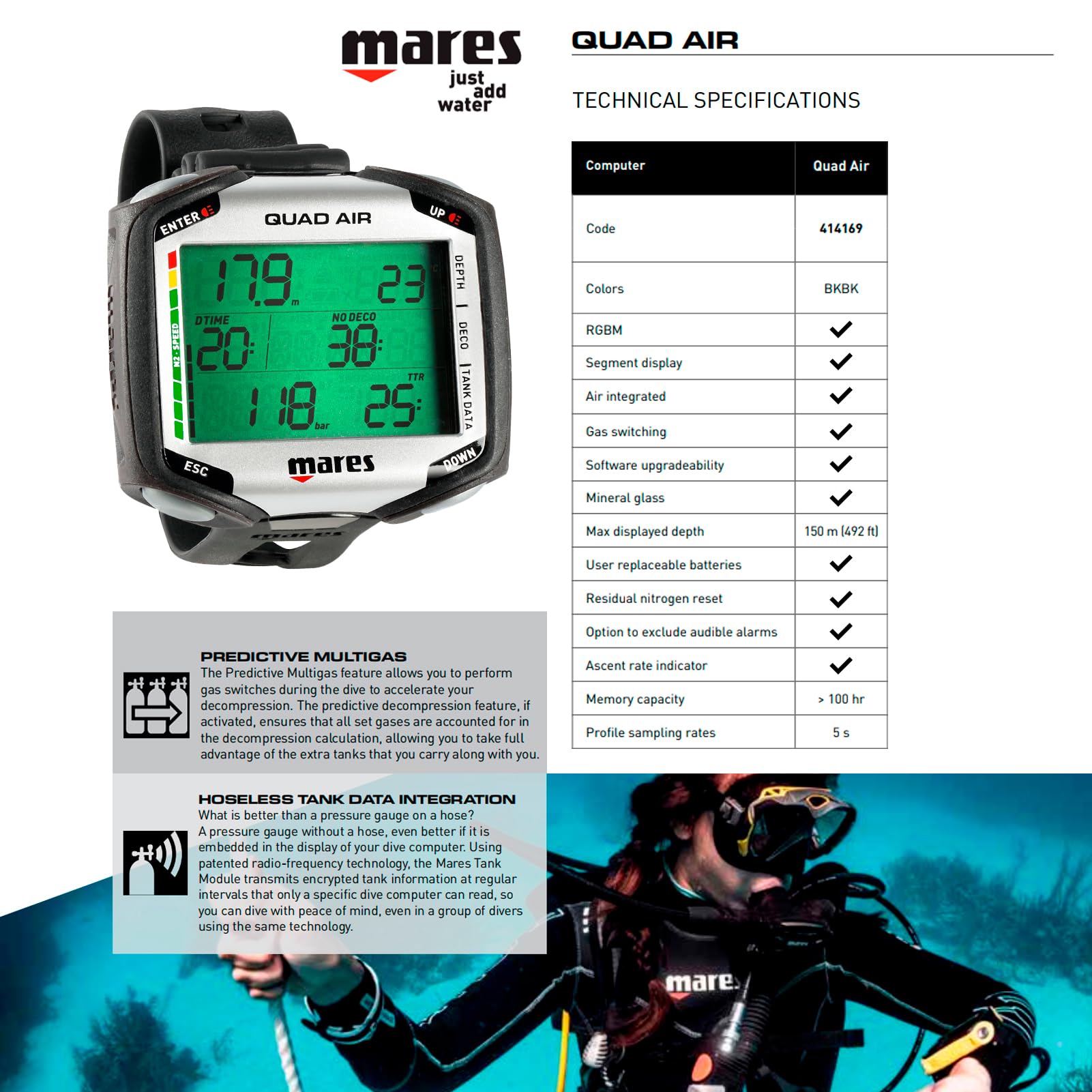 Amazon.co.jp: Mares Quad Air Dive Computer (Black) Quad Air